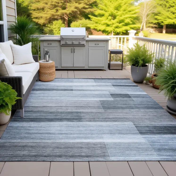 5' X 8' Denim Blue And Ivory Striped Washable Indoor Outdoor Area Rug