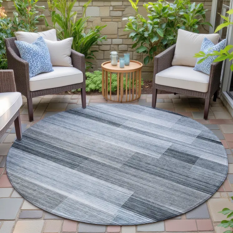 8' Denim Blue And Ivory Round Striped Washable Indoor Outdoor Area Rug