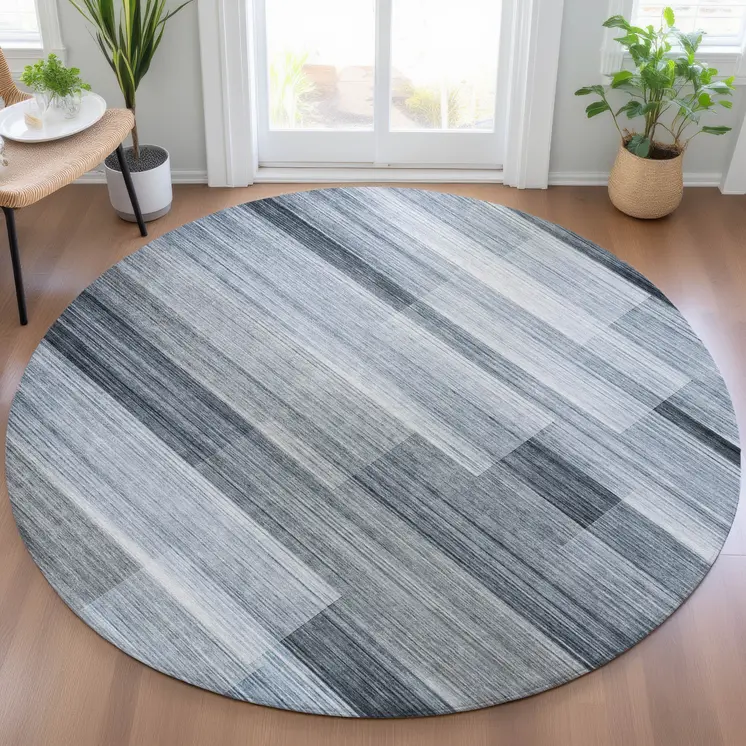 8' Denim Blue And Ivory Round Striped Washable Indoor Outdoor Area Rug