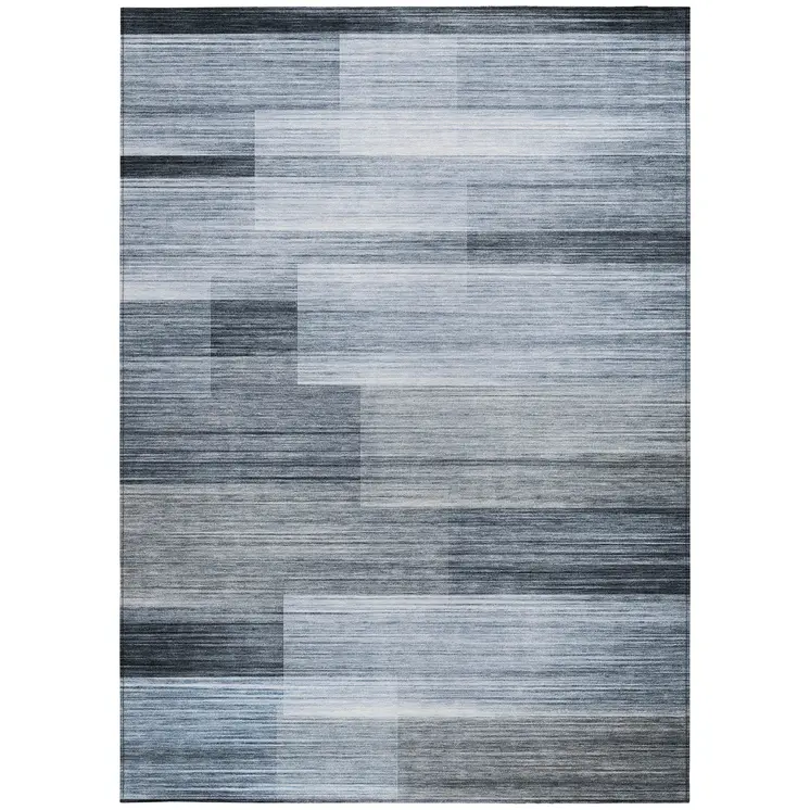 8' X 10' Denim Blue And Ivory Striped Washable Indoor Outdoor Area Rug