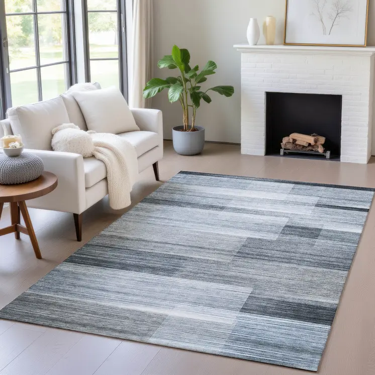 8' X 10' Denim Blue And Ivory Striped Washable Indoor Outdoor Area Rug