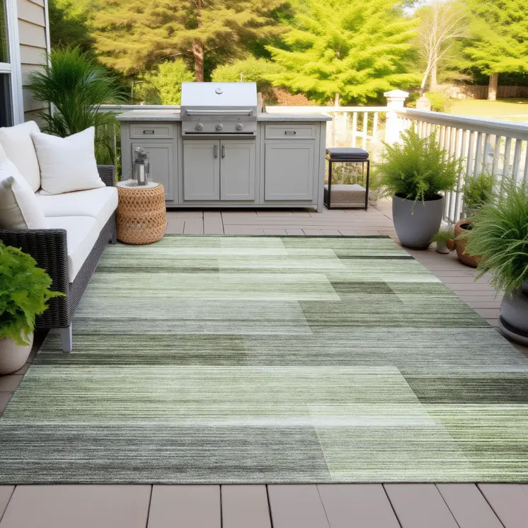 3' X 5' Green And Ivory Striped Washable Indoor Outdoor Area Rug