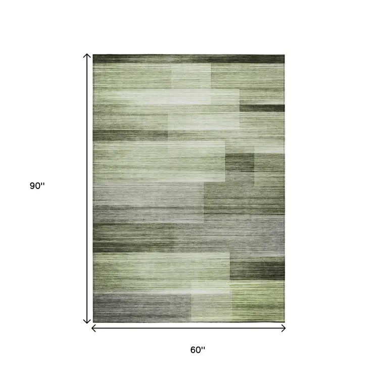 5' X 8' Green And Ivory Striped Washable Indoor Outdoor Area Rug