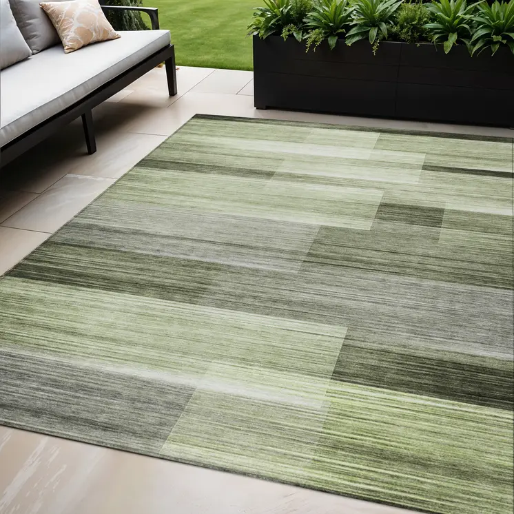 5' X 8' Green And Ivory Striped Washable Indoor Outdoor Area Rug