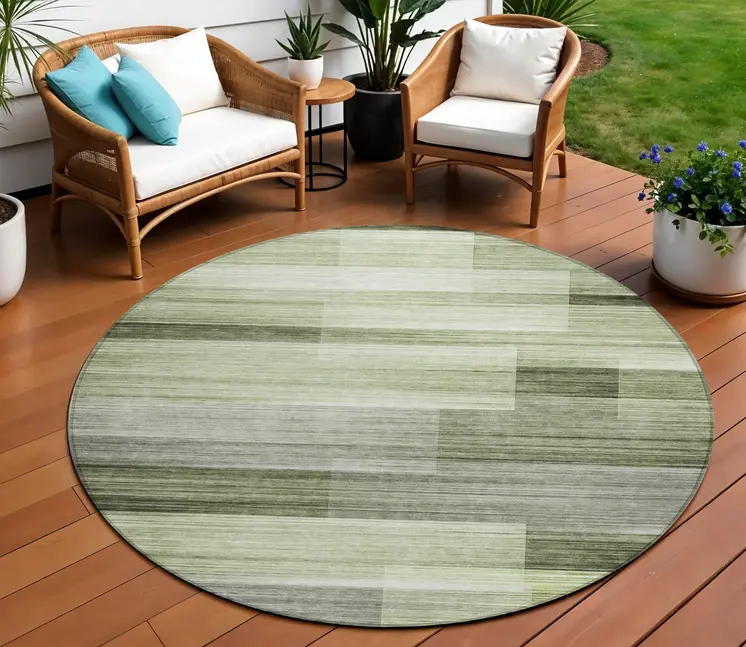 8' Green And Ivory Round Striped Washable Indoor Outdoor Area Rug