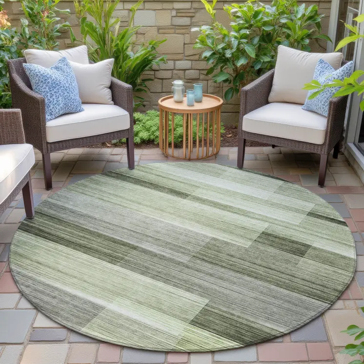 8' Green And Ivory Round Striped Washable Indoor Outdoor Area Rug