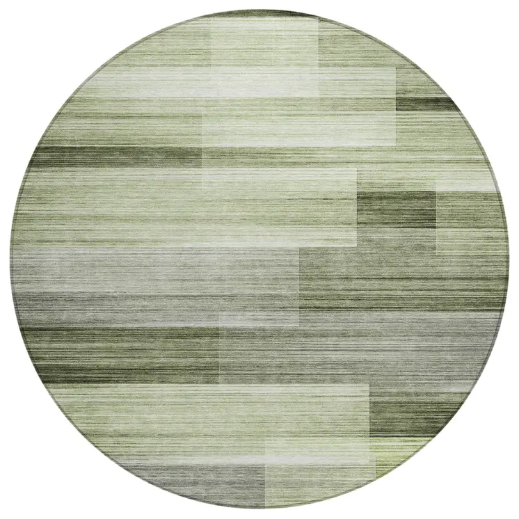 8' Green And Ivory Round Striped Washable Indoor Outdoor Area Rug