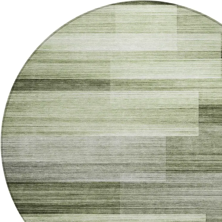 8' Green And Ivory Round Striped Washable Indoor Outdoor Area Rug