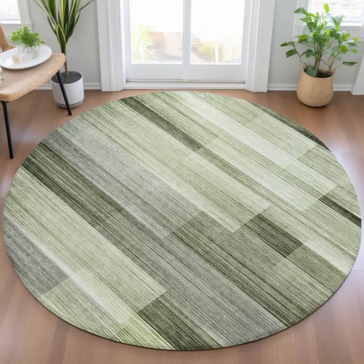 8' Green And Ivory Round Striped Washable Indoor Outdoor Area Rug