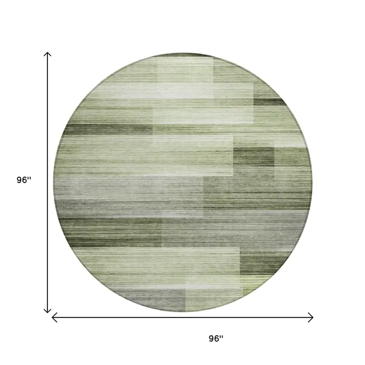 8' Green And Ivory Round Striped Washable Indoor Outdoor Area Rug