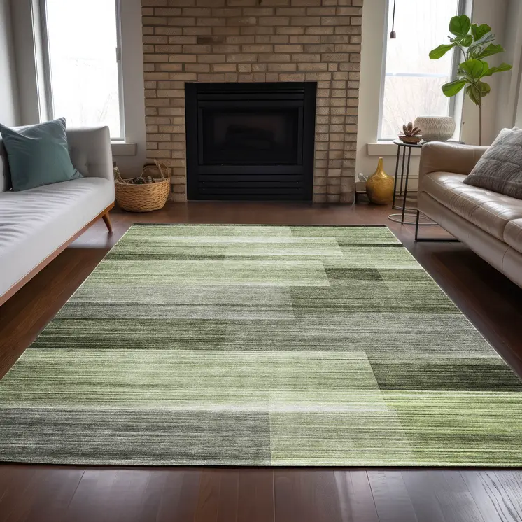 9' X 12' Green And Ivory Striped Washable Indoor Outdoor Area Rug