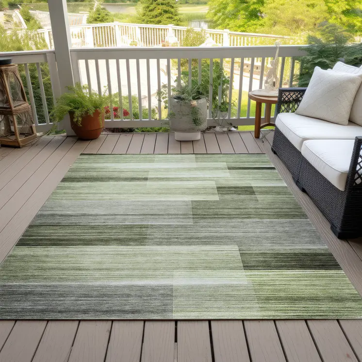 9' X 12' Green And Ivory Striped Washable Indoor Outdoor Area Rug