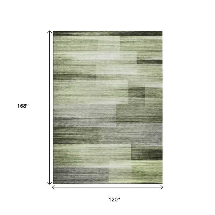 10' X 14' Green And Ivory Striped Washable Indoor Outdoor Area Rug
