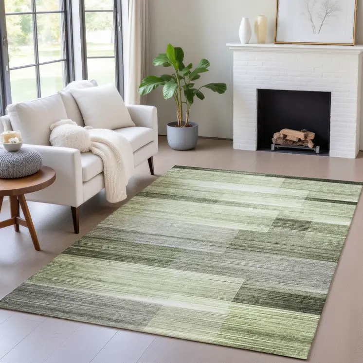 10' X 14' Green And Ivory Striped Washable Indoor Outdoor Area Rug