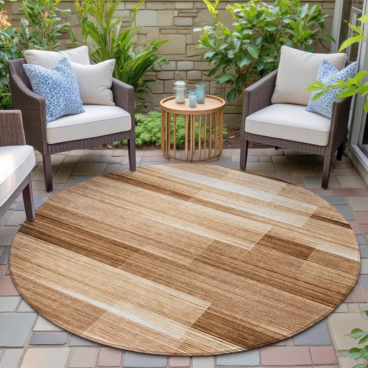 8' Rust And Ivory Round Striped Washable Indoor Outdoor Area Rug