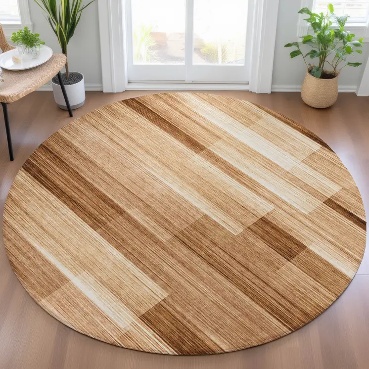 8' Rust And Ivory Round Striped Washable Indoor Outdoor Area Rug