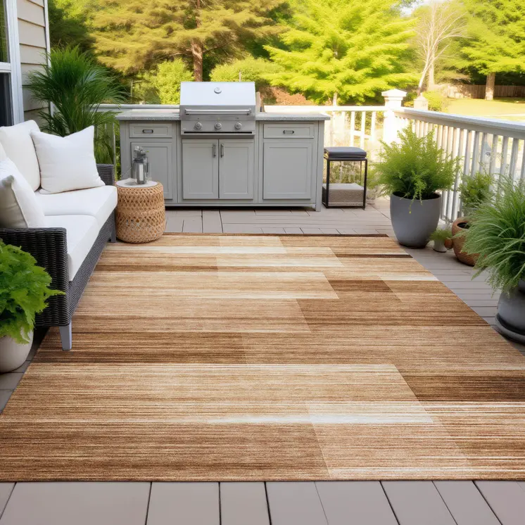 8' X 10' Rust And Ivory Striped Washable Indoor Outdoor Area Rug
