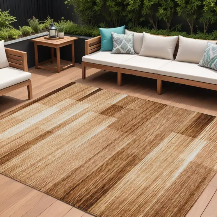 9' X 12' Rust And Ivory Striped Washable Indoor Outdoor Area Rug