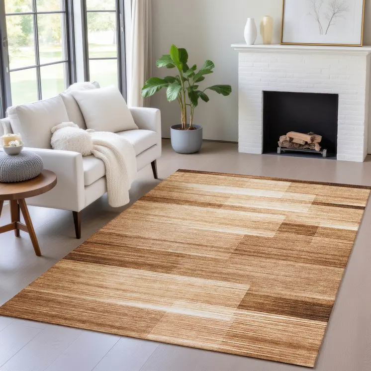 10' X 14' Rust And Ivory Striped Washable Indoor Outdoor Area Rug