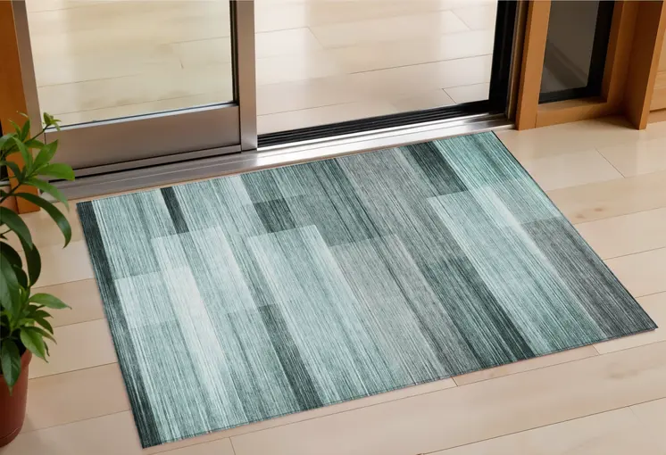 3' X 5' Teal Blue And Ivory Striped Washable Indoor Outdoor Area Rug