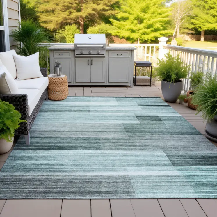 3' X 5' Teal Blue And Ivory Striped Washable Indoor Outdoor Area Rug