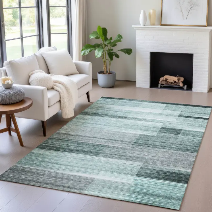 3' X 5' Teal Blue And Ivory Striped Washable Indoor Outdoor Area Rug