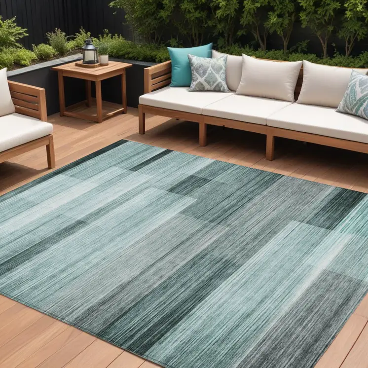 9' X 12' Teal Blue And Ivory Striped Washable Indoor Outdoor Area Rug