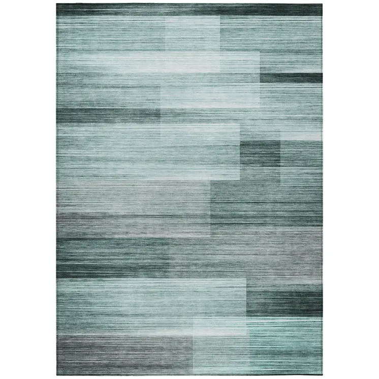 9' X 12' Teal Blue And Ivory Striped Washable Indoor Outdoor Area Rug
