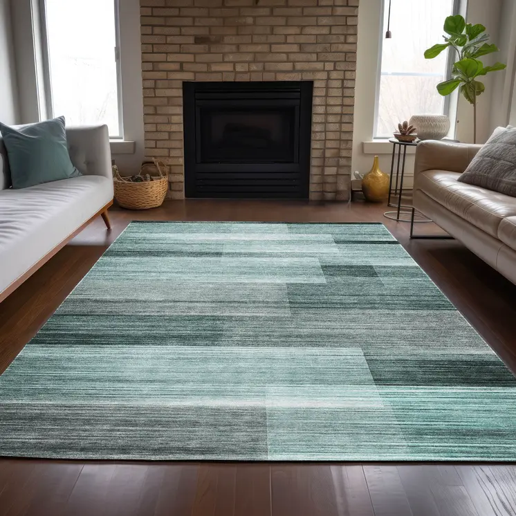 9' X 12' Teal Blue And Ivory Striped Washable Indoor Outdoor Area Rug