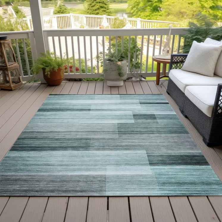 9' X 12' Teal Blue And Ivory Striped Washable Indoor Outdoor Area Rug