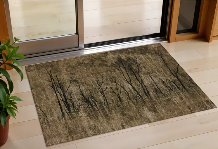 3' X 5' Brown And Charcoal Floral Washable Indoor Outdoor Area Rug