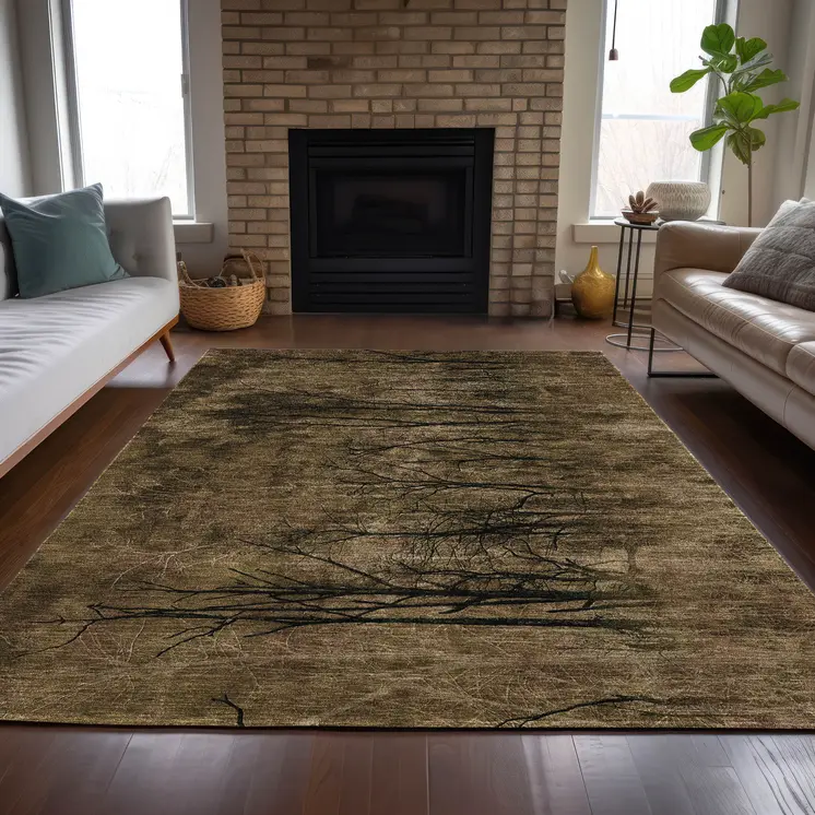 3' X 5' Brown And Charcoal Floral Washable Indoor Outdoor Area Rug