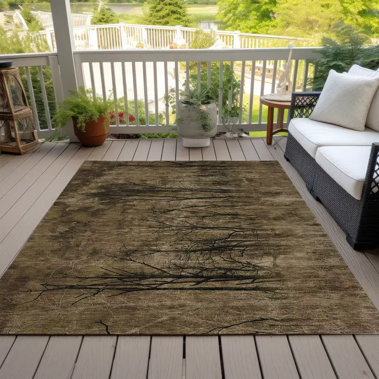 5' X 8' Brown And Charcoal Floral Washable Indoor Outdoor Area Rug