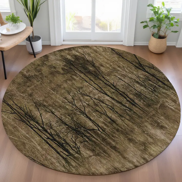8' Brown And Charcoal Round Floral Washable Indoor Outdoor Area Rug