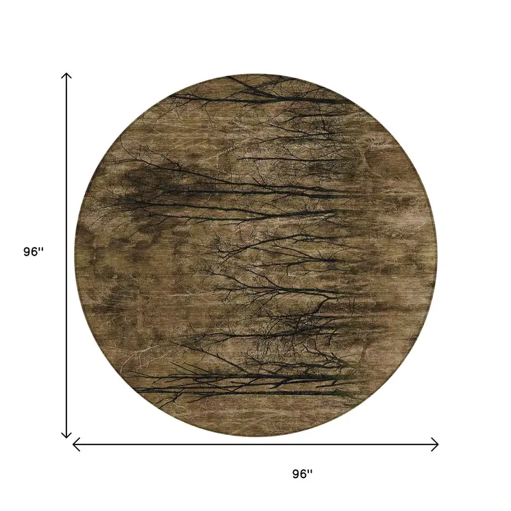 8' Brown And Charcoal Round Floral Washable Indoor Outdoor Area Rug
