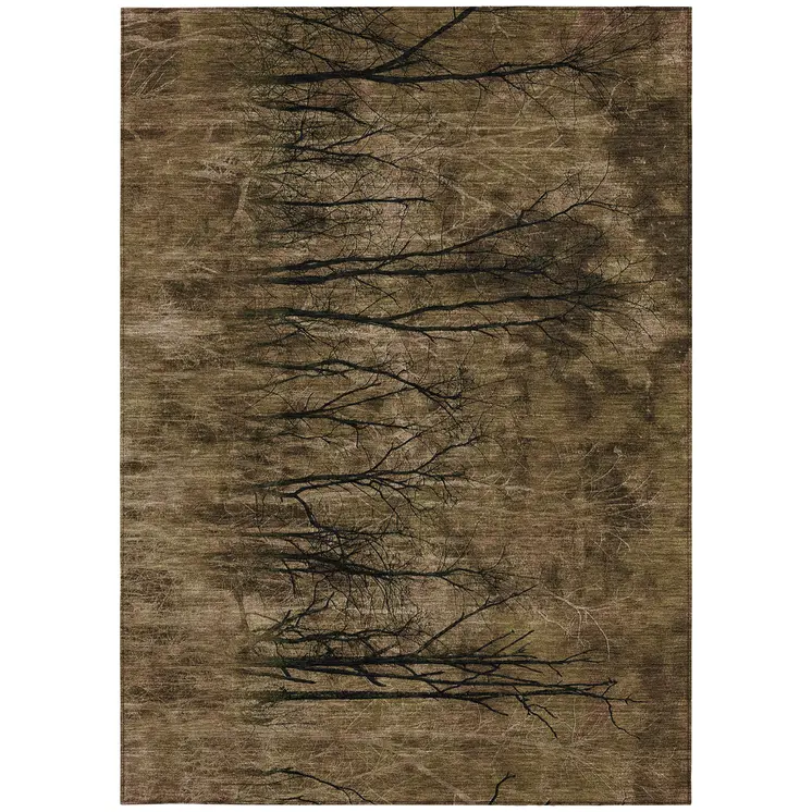 8' X 10' Brown And Charcoal Floral Washable Indoor Outdoor Area Rug