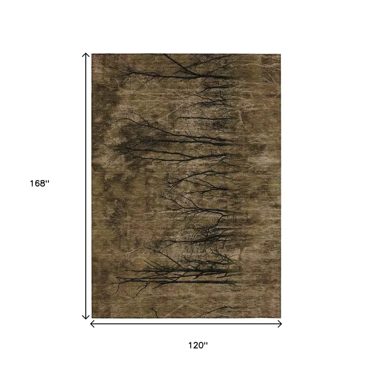 10' X 14' Brown And Charcoal Floral Washable Indoor Outdoor Area Rug