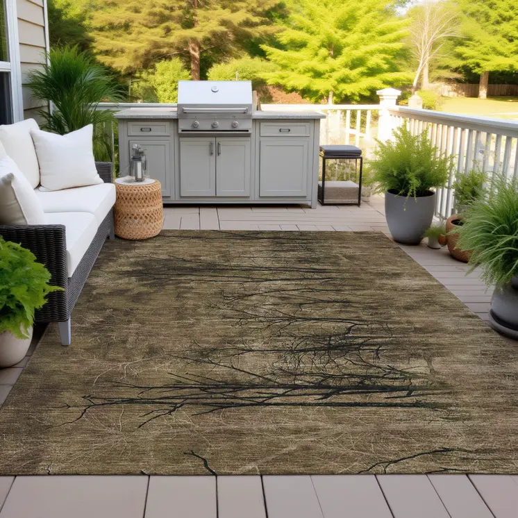 10' X 14' Brown And Charcoal Floral Washable Indoor Outdoor Area Rug