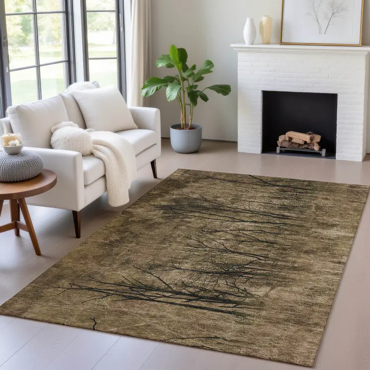10' X 14' Brown And Charcoal Floral Washable Indoor Outdoor Area Rug
