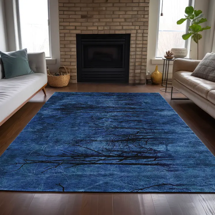 3' X 5' Blue And Charcoal Floral Washable Indoor Outdoor Area Rug