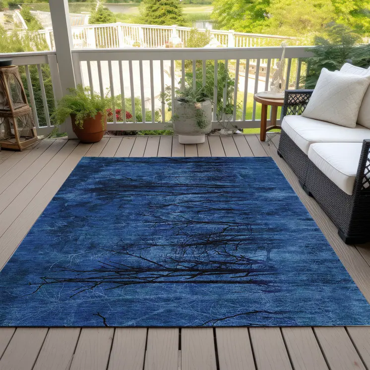 3' X 5' Blue And Charcoal Floral Washable Indoor Outdoor Area Rug