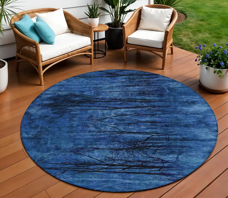 8' Blue And Charcoal Round Floral Washable Indoor Outdoor Area Rug