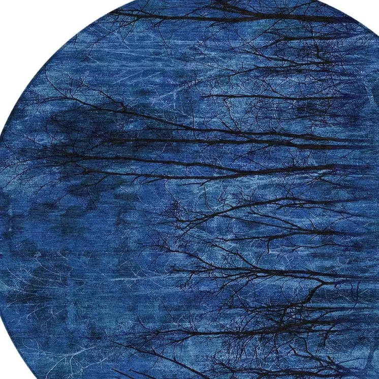 8' Blue And Charcoal Round Floral Washable Indoor Outdoor Area Rug