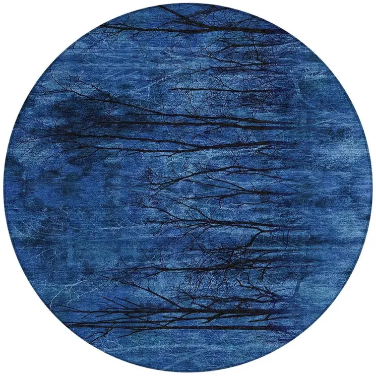 8' Blue And Charcoal Round Floral Washable Indoor Outdoor Area Rug