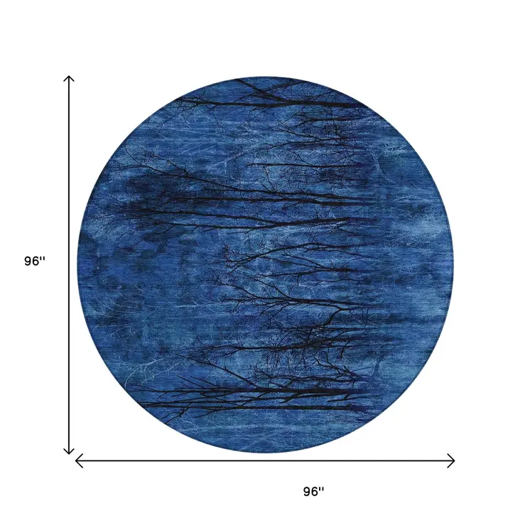8' Blue And Charcoal Round Floral Washable Indoor Outdoor Area Rug