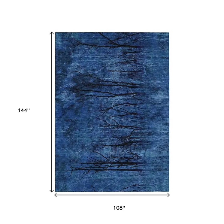 9' X 12' Blue And Charcoal Floral Washable Indoor Outdoor Area Rug
