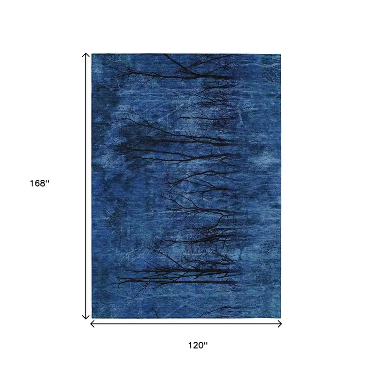 10' X 14' Blue And Charcoal Floral Washable Indoor Outdoor Area Rug