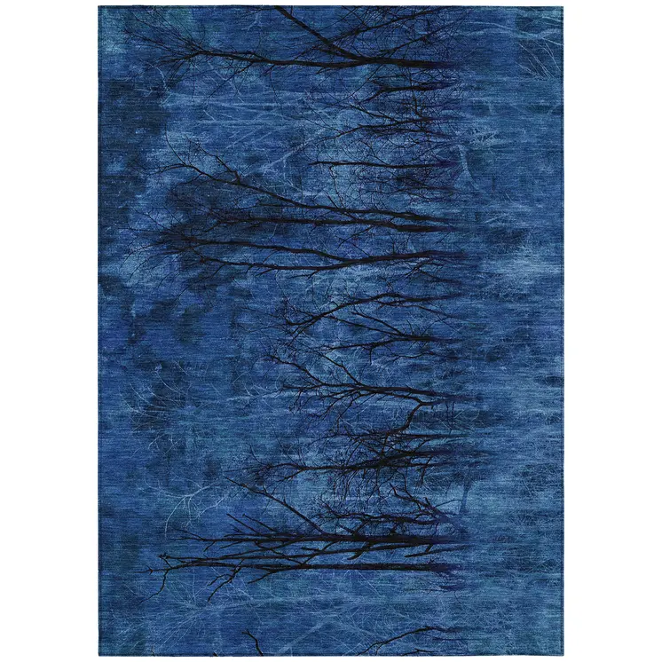 10' X 14' Blue And Charcoal Floral Washable Indoor Outdoor Area Rug