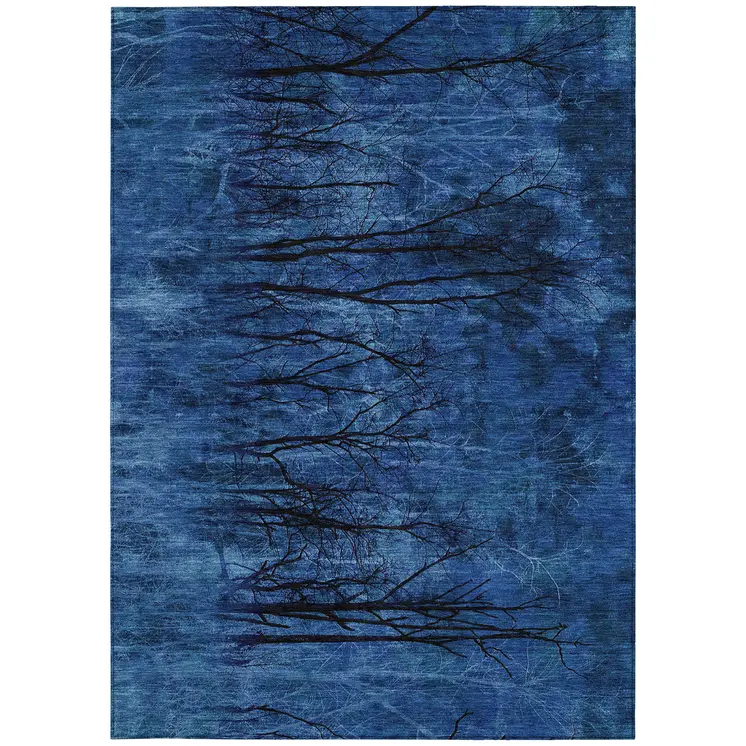 10' X 14' Blue And Charcoal Floral Washable Indoor Outdoor Area Rug