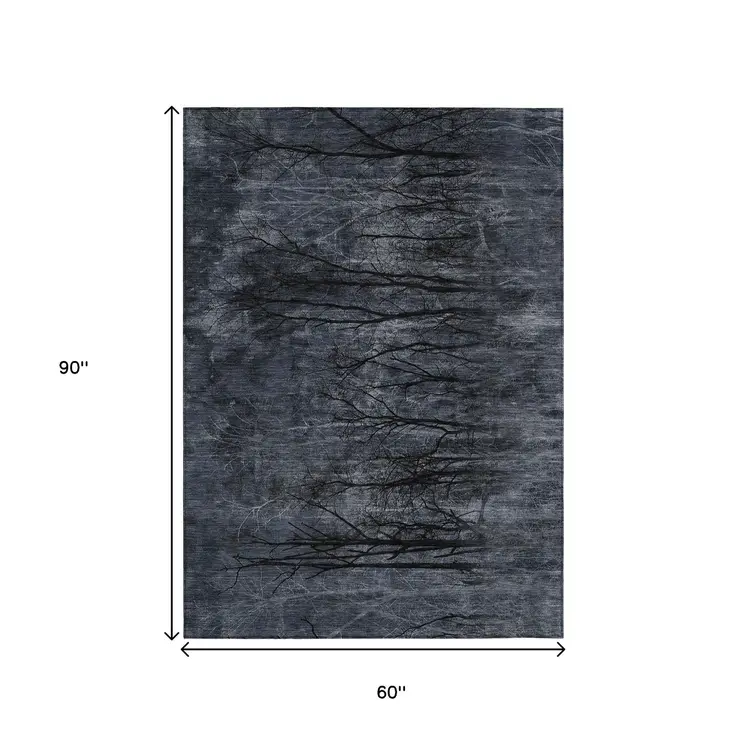 5' X 8' Charcoal And Gray Floral Washable Indoor Outdoor Area Rug